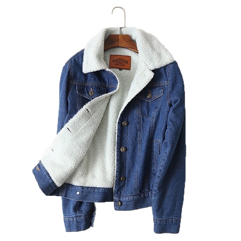 Spring Autumn Winter New Women lambswool jean Coat With 4 Pockets Long Sleeves Warm Jeans Coat Outwear Wide Denim Jacket LJ201021