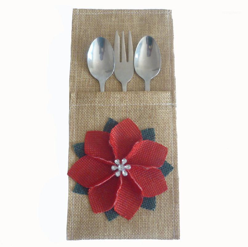

2Pcs/lot Christmas Jute Hessian Burlap Flower Cutlery Holder Silverware Pockets Rustic Table Decor Vintage Christmas Decoration1