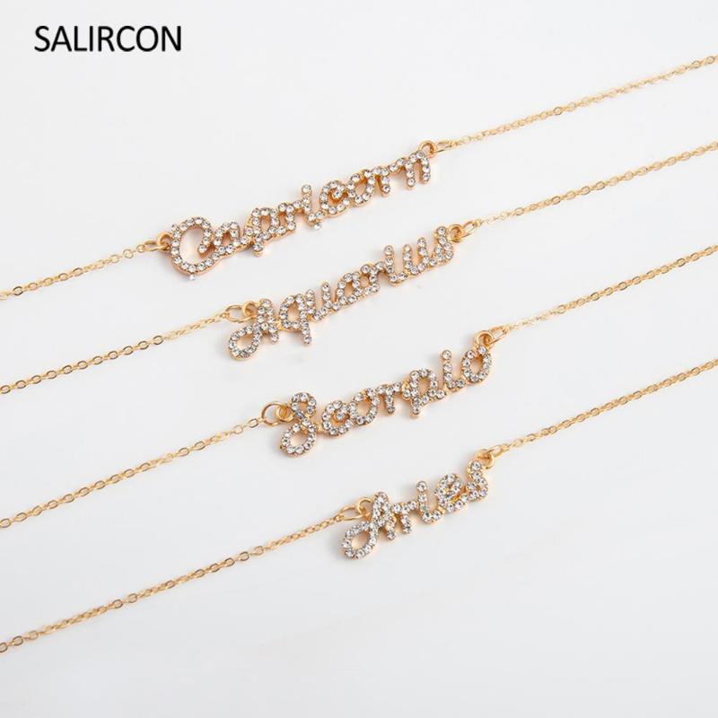 

Salircon Rhinestone Constellation Zodiac Necklace for Women Men Kpop Simple Shiny Aquarius Aries Horoscope Necklace Jewelry Gift