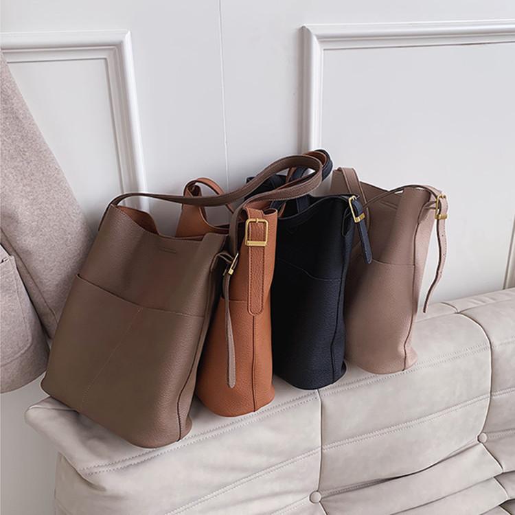 

2021 Solid Color Shoulder Bag Women Bucket Bag Ladies PU Leather Women's Big Crossbody Pack High Capacity Handbags and Purses, Black