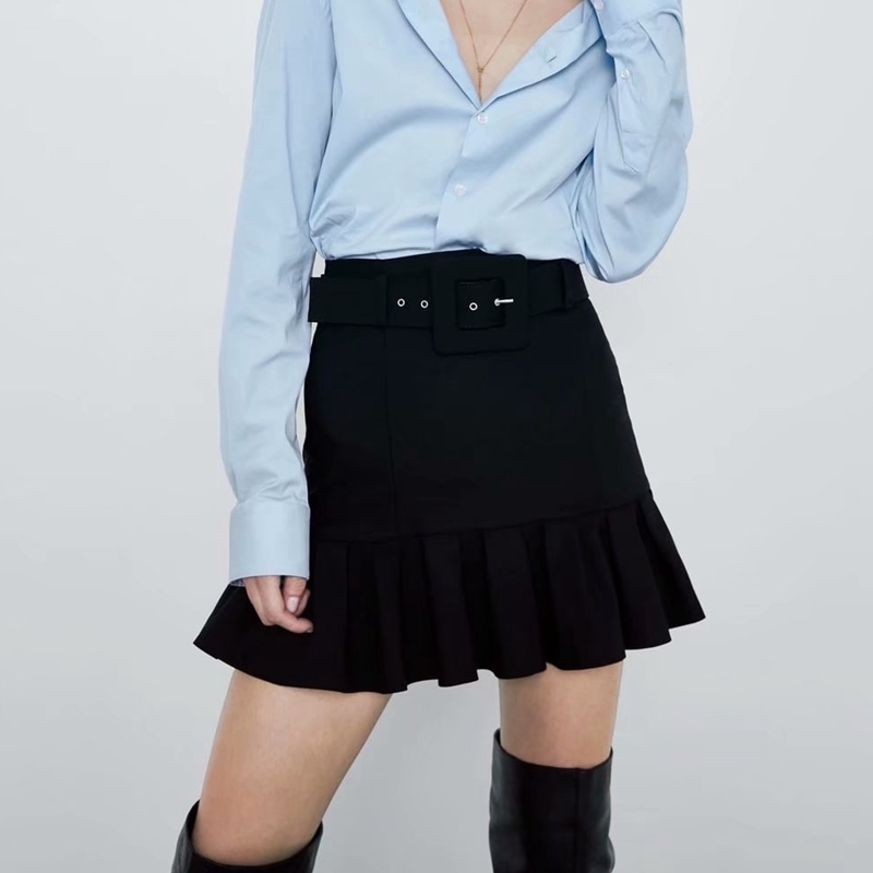 

Punk for women Autumn Ruffle vintage black high waist skirt belt with pocket mini skirts sexy Y200326