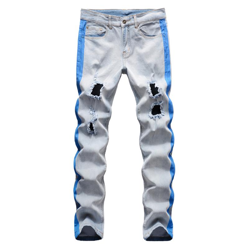 

Men's Jeans Stretch Denim Ripped Stripe Lines Printed Holes Distressed Slim Straight Pants Trousers, Blue
