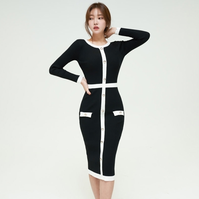 

Women Elegant Autumn Classy Office Casual Midi Knitted Sweater Slim Bodycon Winter Dress 201006, Black