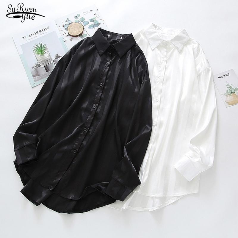 

Autumn New Loose Long Sleeve Shirts For Women Lapel Casual Solid Ladies Tops Striped Plus Size Korean White Blouse Femme 12422, Black