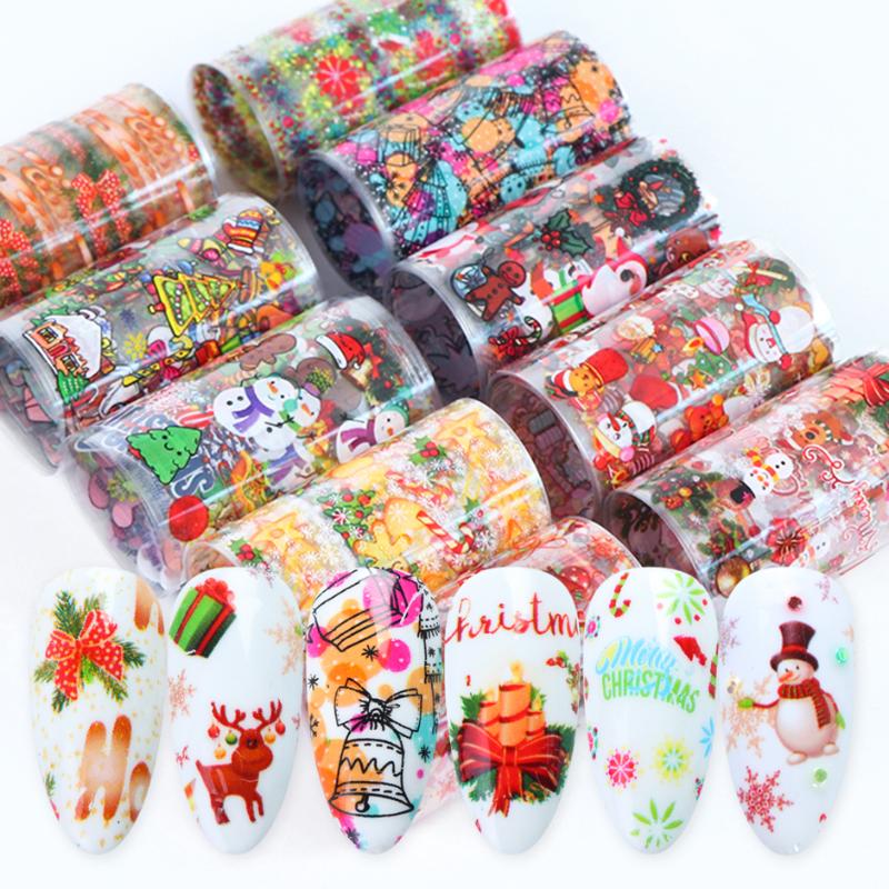

10pcs Christmas Nail Transfer Foils Adhesive Winter Stickers Decals Snowflake/Snowman/Santa/Elk/Deer Paper for Manicure GL9126, 1036 bag