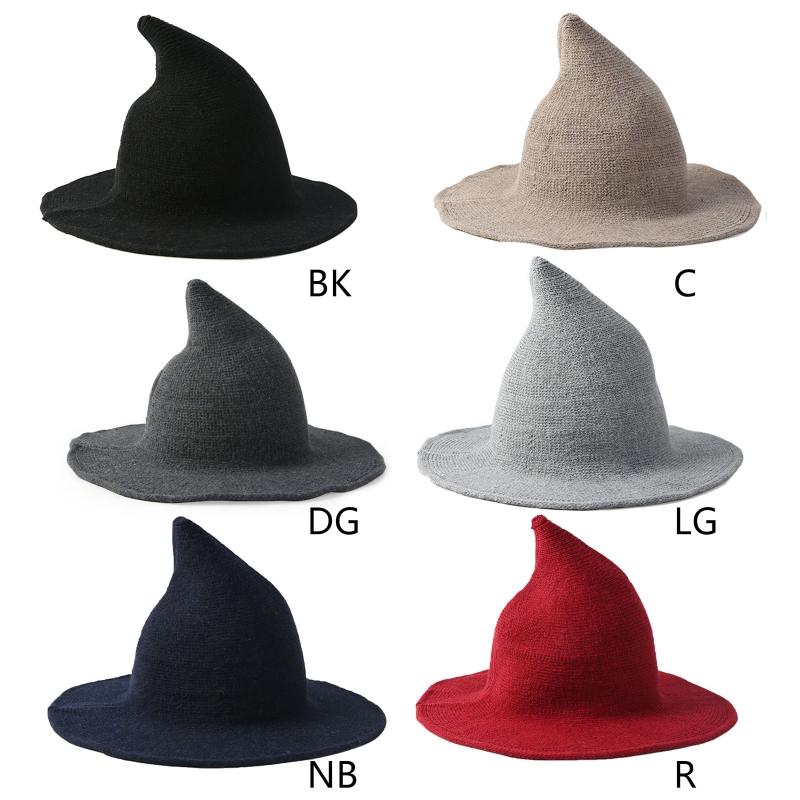 

Women Winter Warm Faux Wool Knitted Halloween Witch Hat Solid Color Wide Brim Cosplay Party Wizard Pointy Bucket Cap, Black