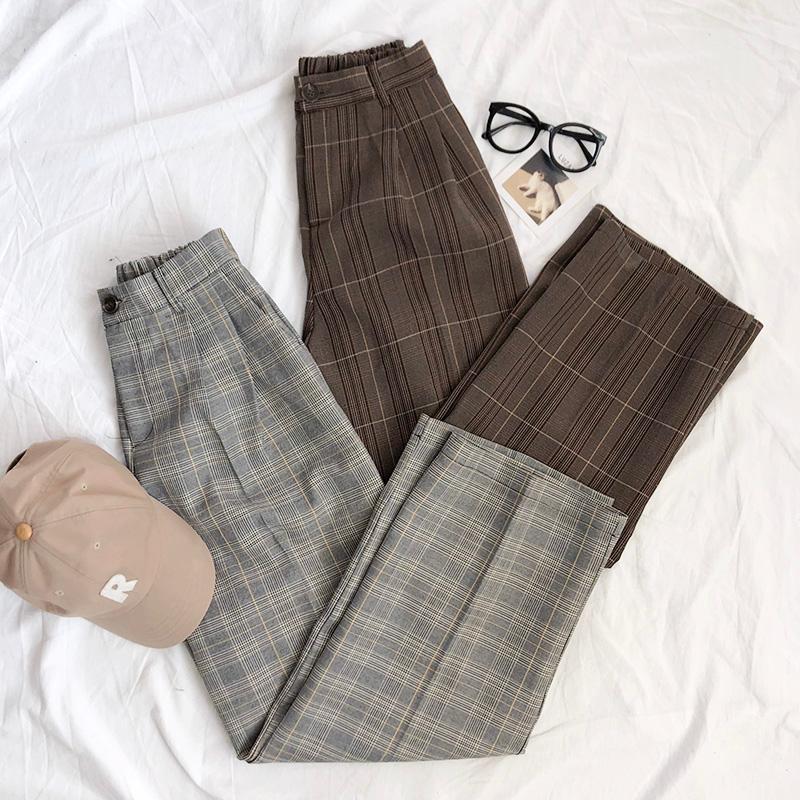 

Autumn Elegant Plaid High Waist Pants Women Vintage Casual Pockets Straight Pants Ladies Streetwear Loose Trousers Female 2021, Khaki
