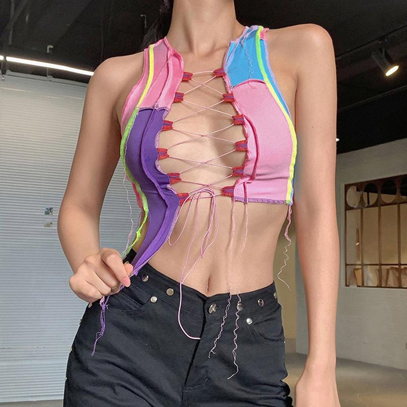 

sexy hollow out camisole women Punk style Ribbed knitting crop tops club party wear Colorful tank top bandage vest female, Pink
