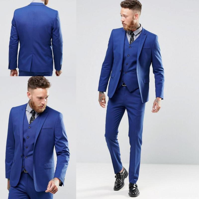 

Custom Made Blue Men Suits One Button Groom Tuxedos Wedding Suits For Men Groom Wear Slim Fit Tuxedos For (Jacket+Pant+Vest)1, As picture