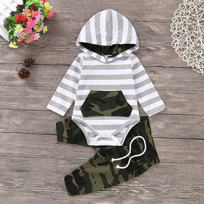 

Infant Newborn Baby Boys Girls Striped Camouflage Hooded Romper Bodysuit+Pants Set baby kid clothes set children Two-piece suit, White