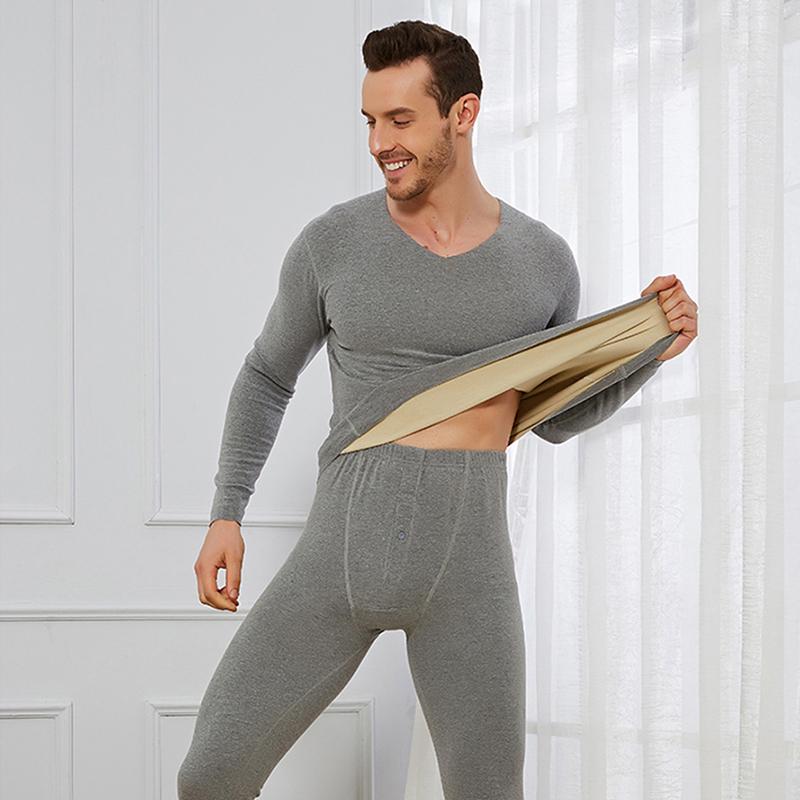 

2021 New VNeck Seamless Soft Silk Winter Thermal Underwear For Men Cotton Pajamas Set Male Good Quality Elastic Healthy Homewear, Dark grey