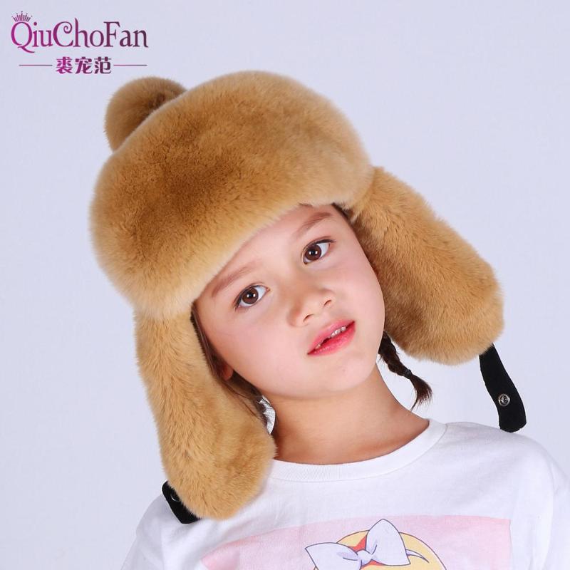 

Winter Russia Fur Hat Children Hat Warm Soft Real Rex Fur Boy Girl Earmuffs Lei Feng Cute Baby Bomber Cap, White