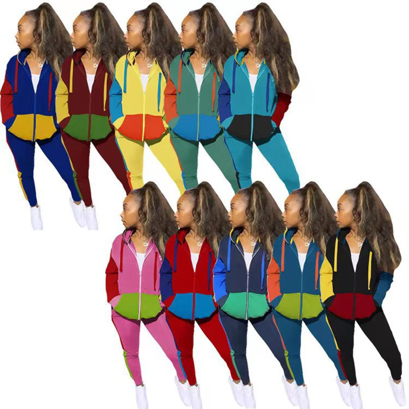 

Designer Women Tracksuits Two Pieces Set Fashion Multi Color Splicing Zipper Hooded Coat Pants Outfits Lady Leisure Sportwear 2020 Jck, Royal blue
