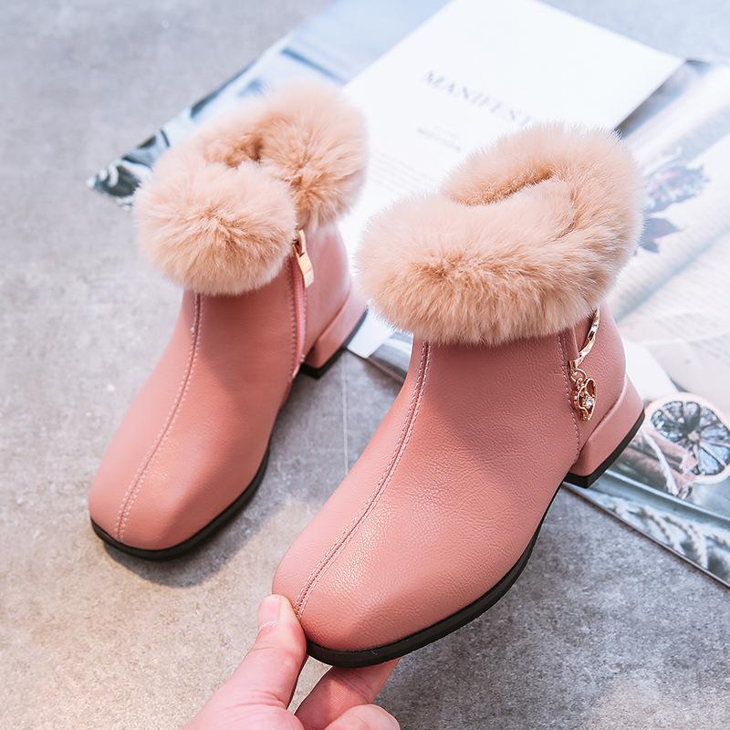 

Children Shoes Girls Plush Short Boots Autumn Winter Side Zipper Princess Shoes Warm Winter Botas Fur Children Snow Boots 26-37#, Black