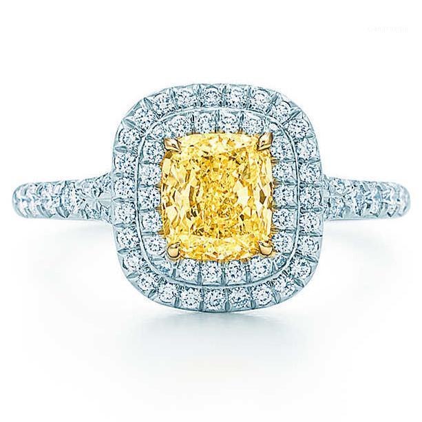 

Cluster Rings 1CT Yellow Cushion Micro Paved Sweet Romantic Jewelry Never Fade Solid 14K White Gold Reliable Ring For Women Wedding, Golden;silver