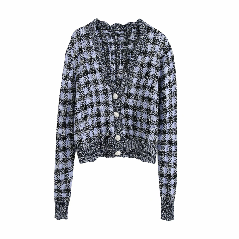 

Puwd woman of the vintage, dark blue plaid cardigan fashions Autumn soft female mesh blouses large size