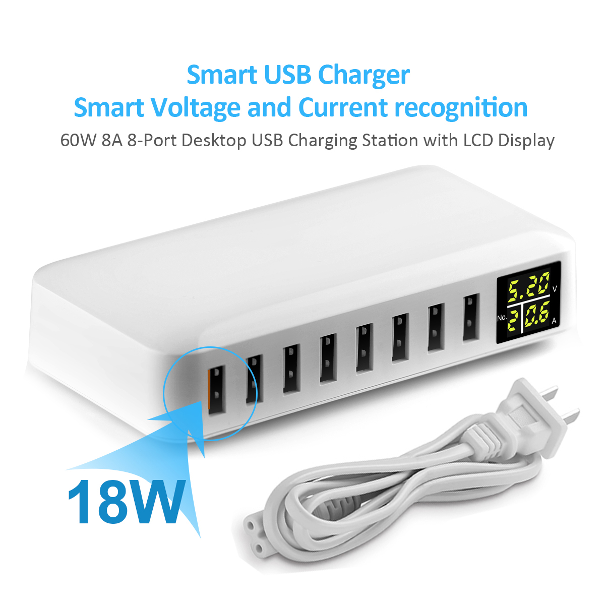 

8-Port Multi-Port Wall Charger 60W MAX 8A with QC Port 18W Smart LCD Display Desktop Charging Station for Phone Tablets iPad Express