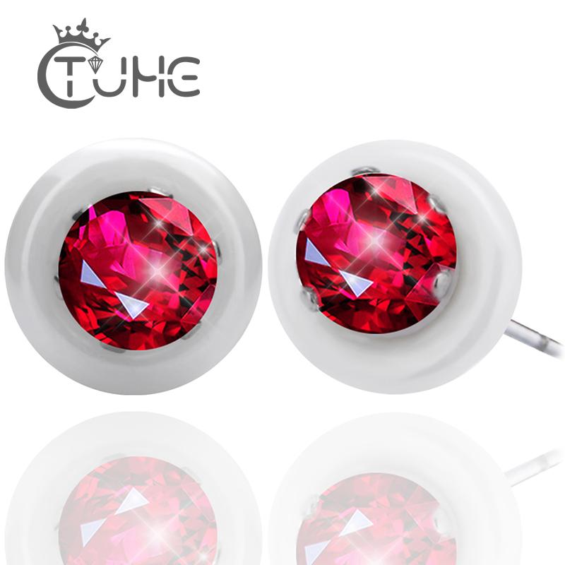 

2021 New Fashion Bling Ceramic Earrings With Big Red CZ Brincos Silver Plated Stainless Steel Stud Earrings For Engagement