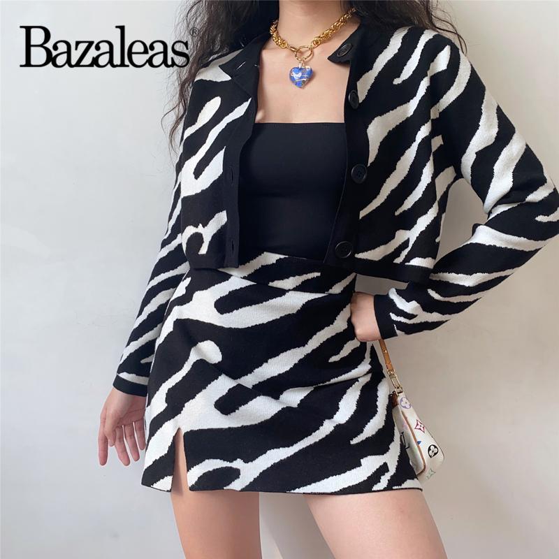 

Bazaleas Retro Cardigan Ans Mini Skirt Fashion Black White Women Suit Vintage Zebra Pattern Tracksuit Harajuku 2 Piece Set, 617 blackzebra x150