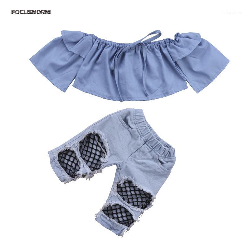 

2020 Fashion Newborn Kids Baby Girls Off Shoulder Long Sleeve Tops Denim Pants Hole Jeans Outfits Clothes1, Blue