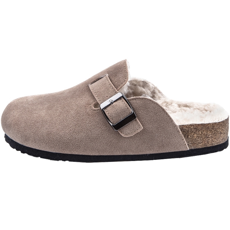 

Winter Faux Cow Suede Leather Mule Clogs Slippers Long Plush Warm Indoor Soft Cork Buckle Slides Footwear For Women Men Y201026, Gray