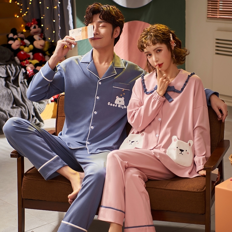 MELIFLE Autumn 100% Cotton Couple Nightwear Winter Warm Long Sleeve Pajamas Set for Women Turn-down Collar Print Men's Sleepwear 201027