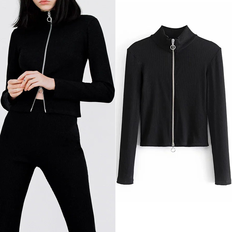 

2021 New Black Cropped Women Autumn Turtleneck Long Sleeve Ribbed Knitted Cardigan Tops Fashion Woman Jerseys 4zu8