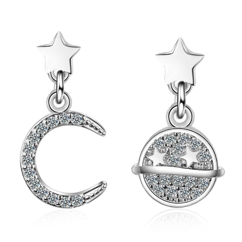 

Luxury 925 Sterling Silver Zircon Moon Star Planet Earrings For Women Jewelry Simple Asymmetric Drop Earrings Girl Gift