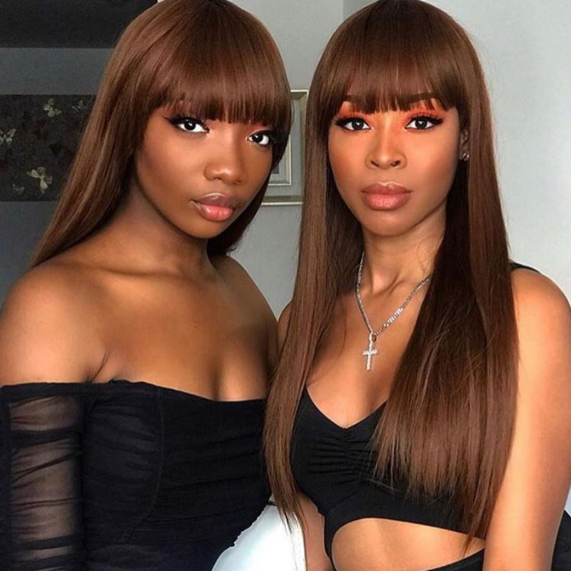 

European Chocalate Brown Silky Straight Human Hair Wigs with Bangs 13x6 Deep Part Lace Front Fringe Wigs for Black Women Remy, 13x3 lace front wig