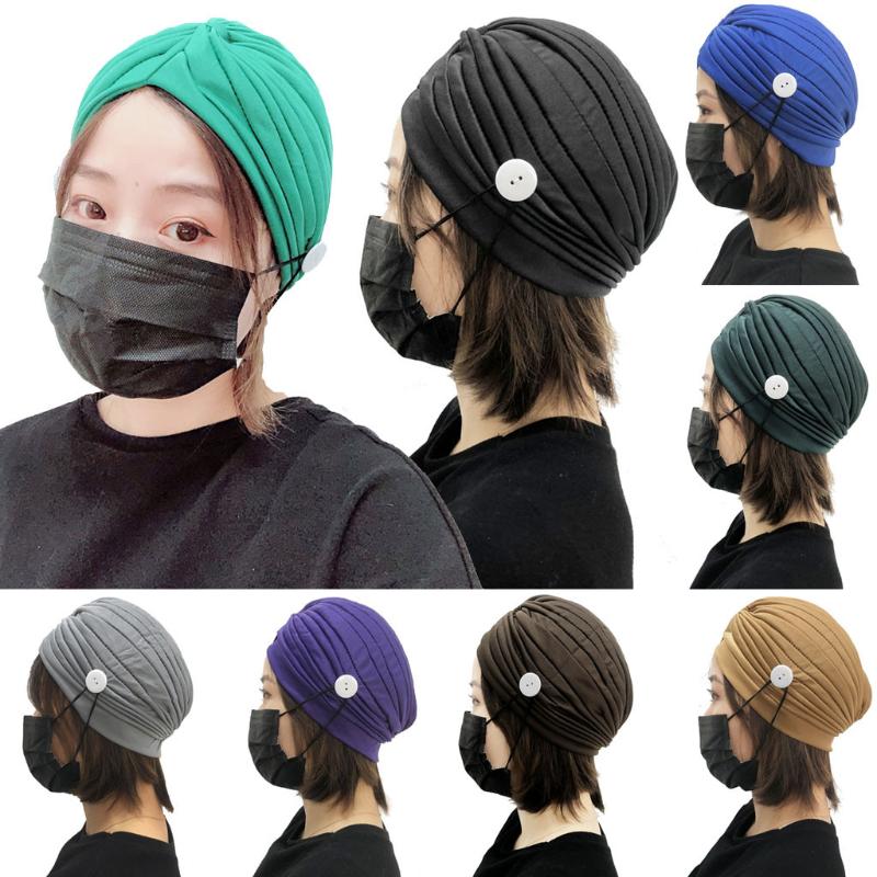 

With Buttons Hat Face Holder Protect Ears Head Wrap Hat Fashion Multicolor Cotton Gourd Headband Unisex Washable With button, Black
