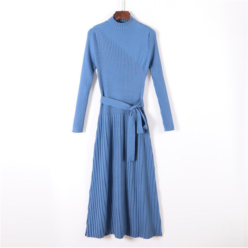 

2021 New Autumn Winter Maxi Women Sleeve Ol Female Long Sweater with Belt Elegant A-line Solid Slim Dress Tps0, Blue