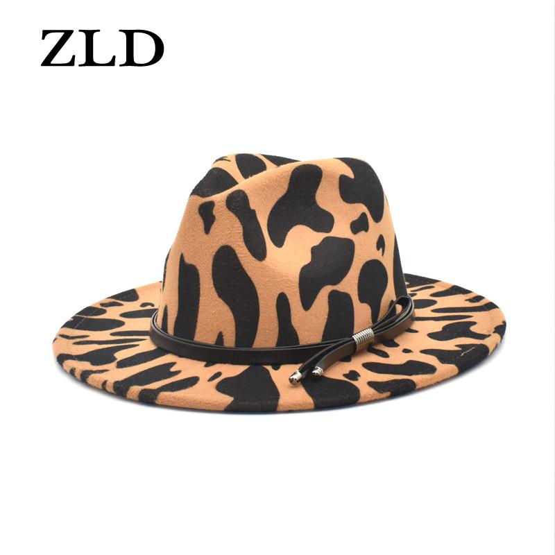 

Wide Brim Hats ZLD Autumn Winter Women Fedoras Hat Fashion Cow Pattern England Style Caps Vintage Ladies Jazz Casual Men Cowboy