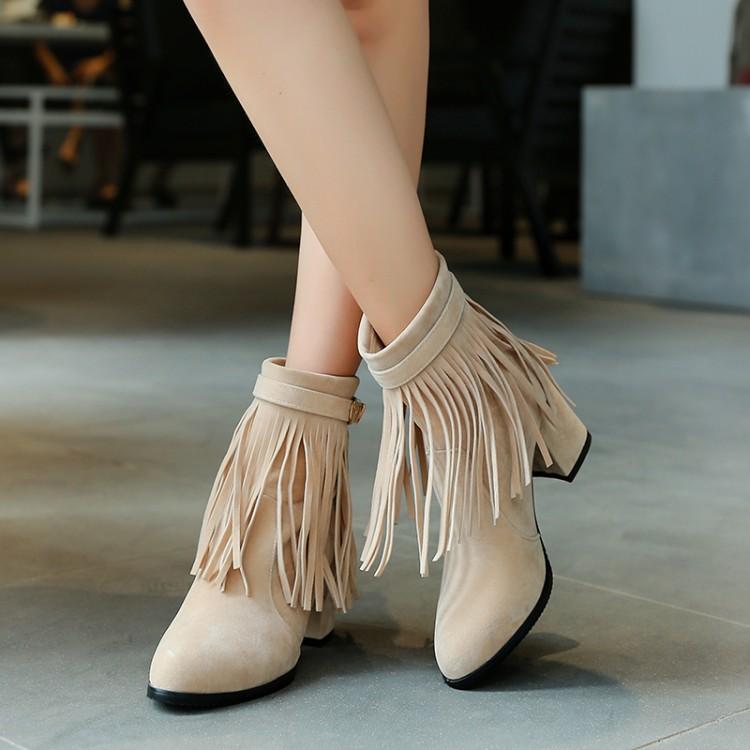 

Big Size 11 12 13 14 15 16 17 Europeans and Americans with round head, thick heel, zipper, fringed belt buckle boots, Black