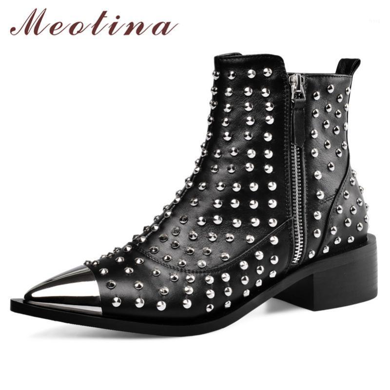 

Meotina Autumn Ankle Boots Women Natural Genuine Leather Zip Thick Heel Short Boots Punk Rivets Pointed Toe Shoes Ladies Size 431, Black