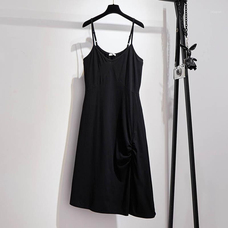 

Summer cotton suspender dress women plus size bust 144cm  6XL 7XL 8XL 9XL pleated sleeveless bottoming dress women black1, Black