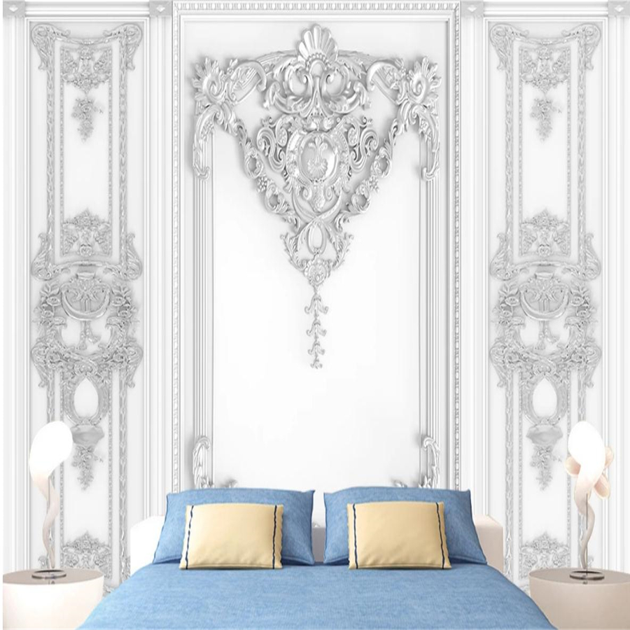 

3d customized wallpaper white plaster European style carved pattern wall panel background wall 3d wallpapers, Same as photo