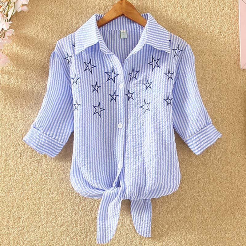 

Women Blouses And Tops Chiffon Fashion Striped Shirts Women Summer New Short Sleeve Turn-down Loose Korean Blouse Female star, B03 plum blossom
