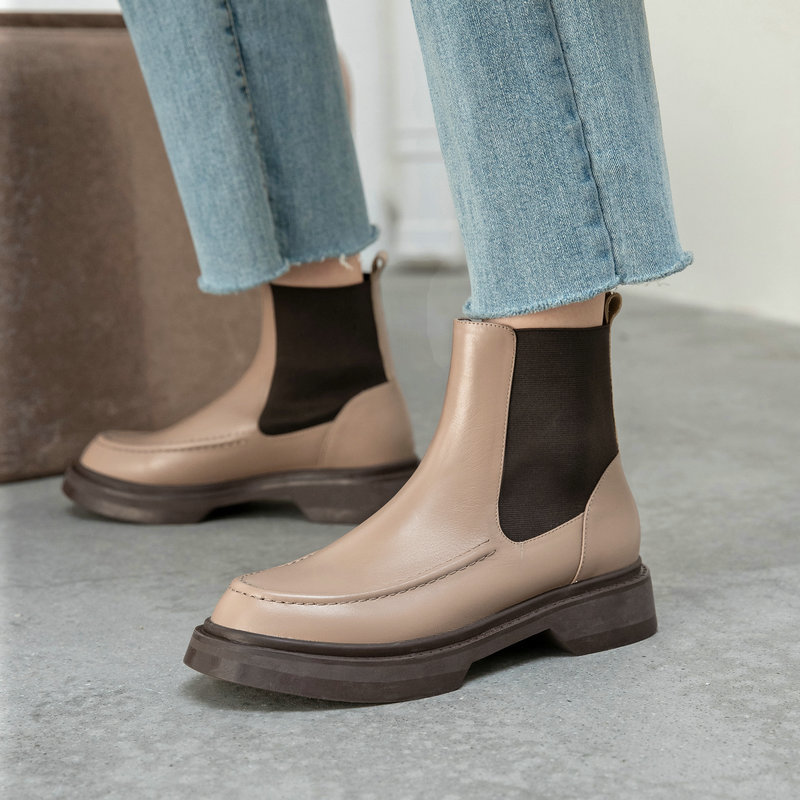 

Genuine leather, thick knitting, low heels, ankle boots, toe pumps, round foot, autumn, women's working party shoes, Regulation 124