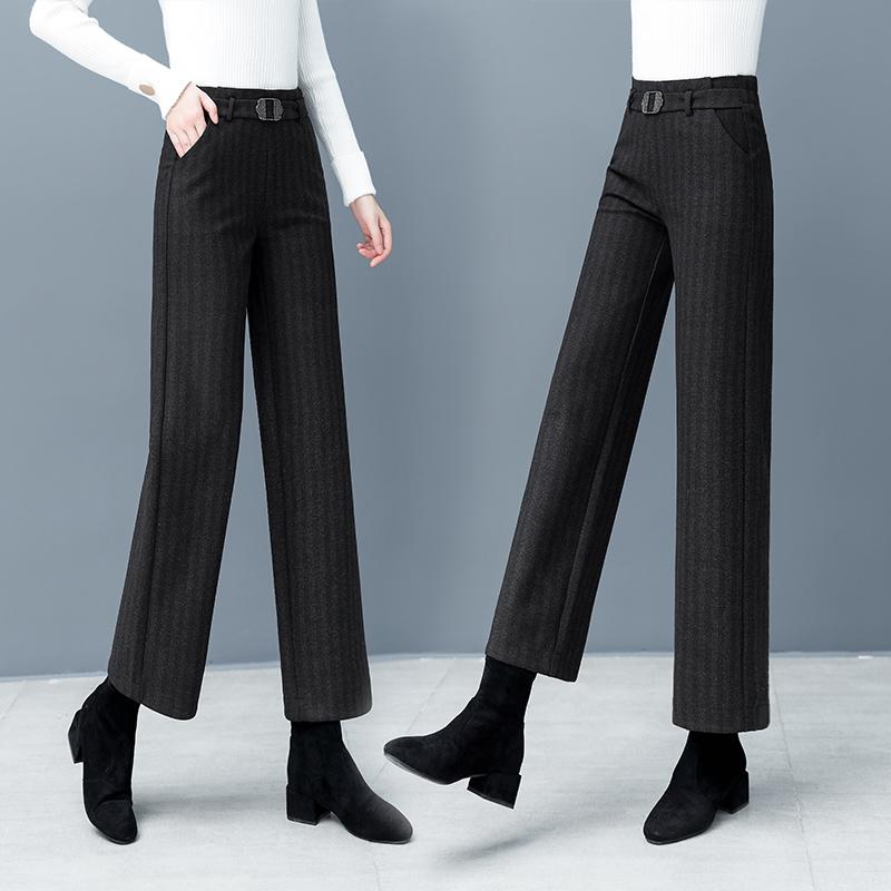 

Autumn Winter Woman Ankle-Length Big-Leg Pants Plus Size High Waist Fashion Casual Elasticity Belt Full Length Trousers, Tiao wen