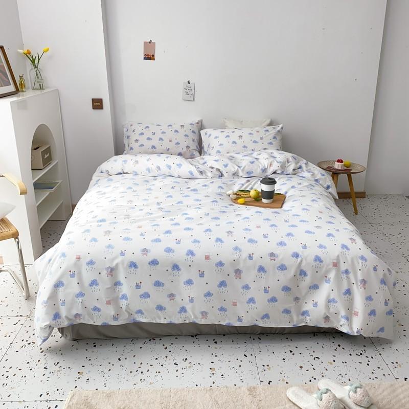 

100%Cotton Soft Breathable Duvet cover set Kids Girls  Full Queen Size Clouds Rain Print Bedding Set Duvet Cover Bed Sheet, Color 2