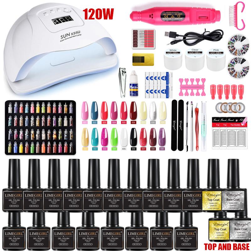 

Nail Set 120W UV LED Lamp Dryer With 18/12 PCS Nail Gel Polish Kit Soak Off Manicure Set electric drill For Tools