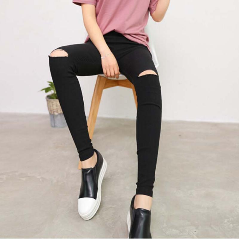 

New 2020 Fashion Womens Knee Ripped Hole Pencil Pants Skinny Thin Stretch Leggings Trousers Black Pantalon Femme Plus Size