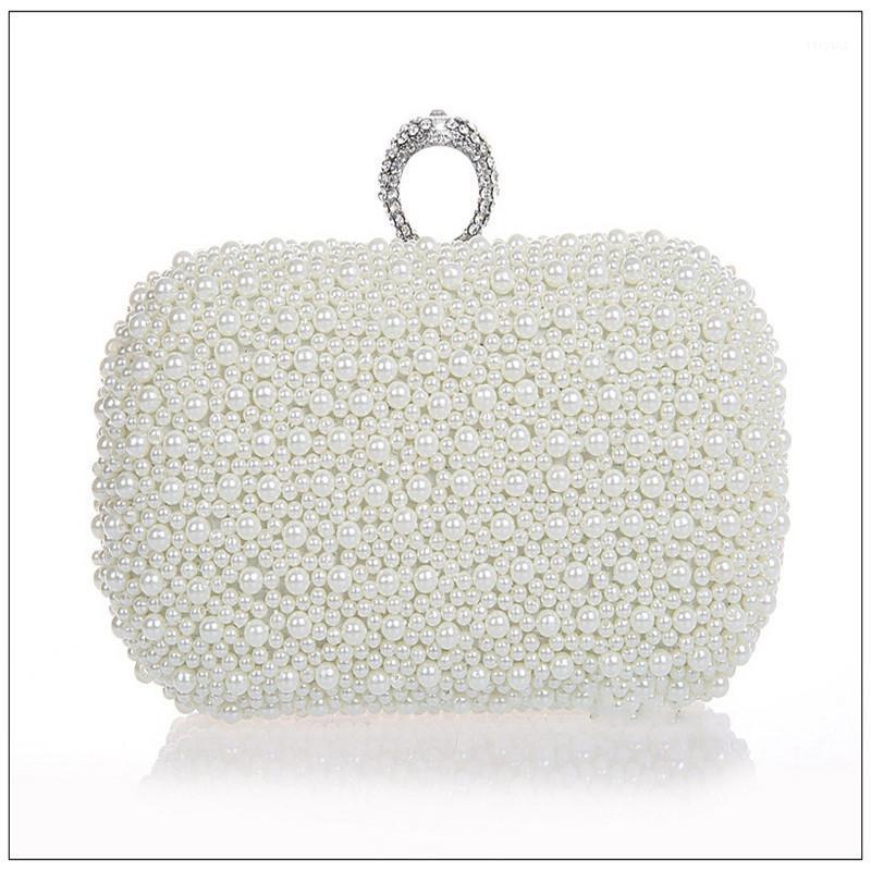 

luxury Beaded Women Evening Bags Diamonds Finger Rings Small Purse Day Clutches Handbags white/Black Pearl Wedding Bags WY571, As picture