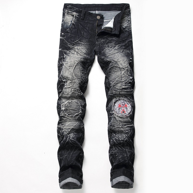 

2021 New Autumn Spring Men's Ripped Street Hip Hop Stretch Bike Trendy Holes Straight Denim Trouers Gwec, 820 2