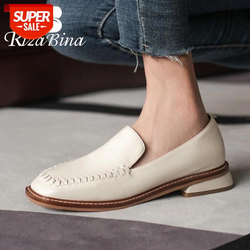 

RIZABINA New Flat Heel Shoes Women Real Leather Square Toe Fashion Shoes Women Vacation Spring Footwear Size 34-39 #fJ3T