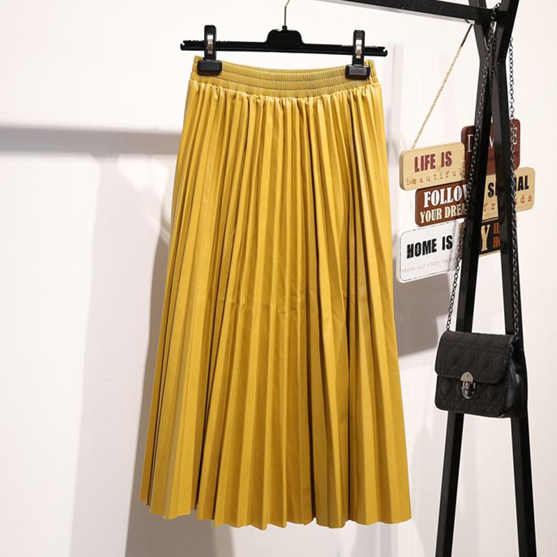 

PU Skirt Women 2020Autumn Winter Midi Long Korean Elegant Pleated High Waist Leather Skirt Female A line Office, Black