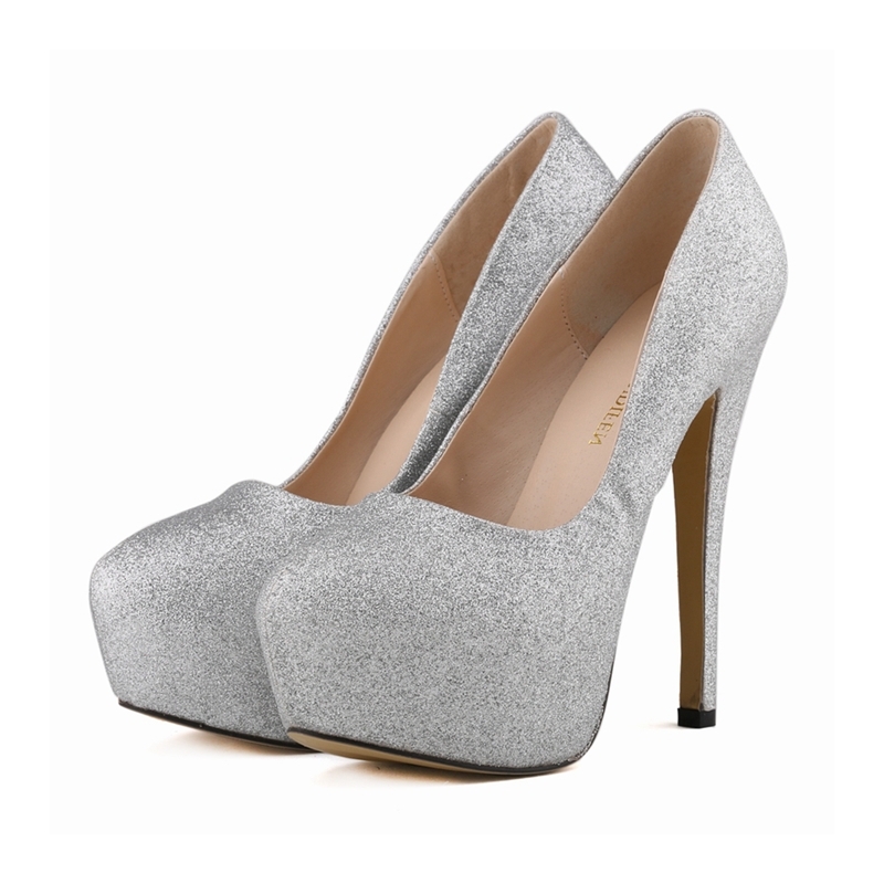 

marca Nova preto sliver saltos finos brilhante lantejoulas senhoras bombas plataforma feminina dedo do p redondo sapatos de 40I0, Women high heels