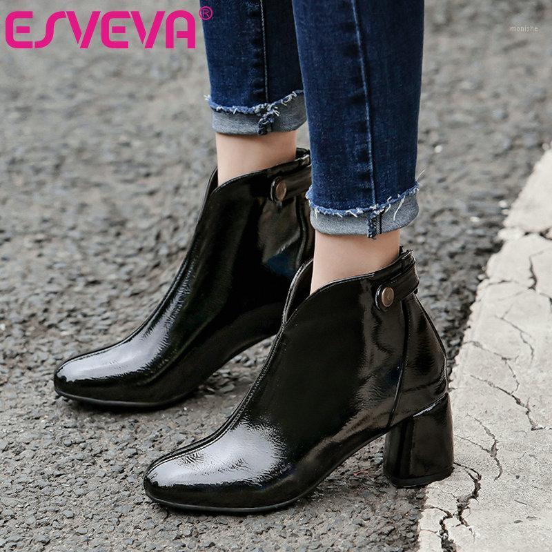 

ESVEVA 2020 Women Shoes Winter Ankle Boots Square High Heel PU Patent Leather Western Style Motorcycle Platform Boots Size 34-431, Black