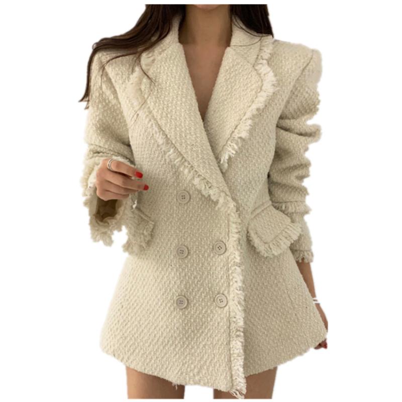 

Autumn winter small fragrance tweed tassel woolen coat women double breasted overcoat, Beige