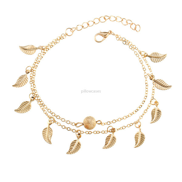 

Fashion Gold Double Layer Tassel Leaf Anklet Chain Bracelets Summer Beach Foot Chain Fashion Jewelry for Women will and sandy gift, Red;blue